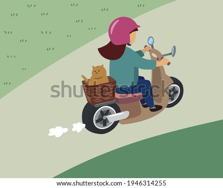 Woman riding a light brown scooter with her cat in the basket - Flat vector illustration