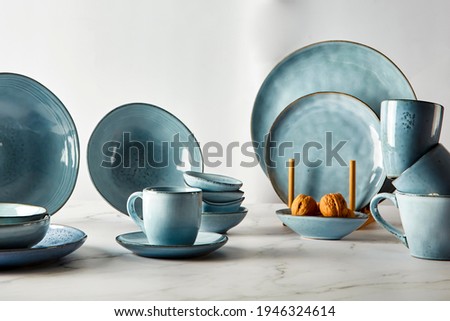 Blue and white porcelain tableware Royalty-Free Stock Photo #1946324614