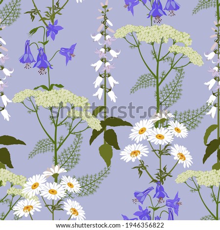 Seamless vector illustration with  campanula , aquilegia and chamomile on a blue background . For decorating textiles, packaging, wallpaper. Royalty-Free Stock Photo #1946356822
