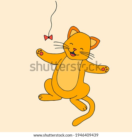 Happy ginger cat plays with a rope. Vector hand-drawn doodle illustration.