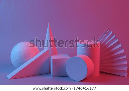 Geometric shapes in red-blue gradient neon light. Creative showcase. Surrealism. Concept art, retro futurism, minimalism