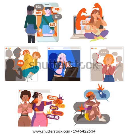Victim of Cyberbullying Suffering from Violence and Hatred from Social Media Vector Illustration Set Royalty-Free Stock Photo #1946422534