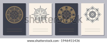 Set of flyers, posters, placards, brochure design templates A6 size with geometric icons. Compass logo. Mystic mandala. Sacred geometry. Vertical blanks with sacral geometric signs. Esoteric symbols.