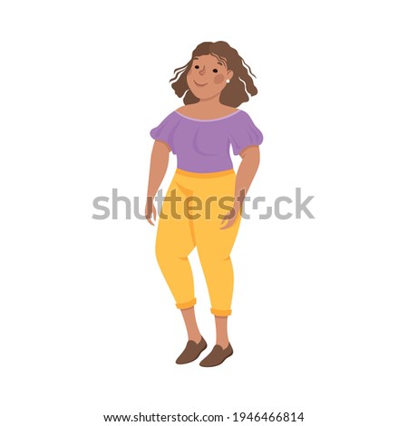 Body Positive or Plus Size Smiling Woman in Standing Pose Vector Illustration