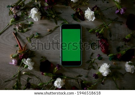 The phone with a green screen lies in the center, around dry flowers. Flower delivery.