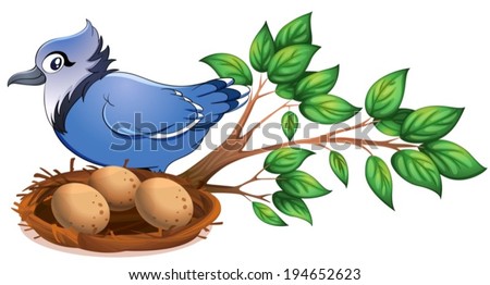 Illustration of a blue bird at the branch of a tree with a nest on a white background