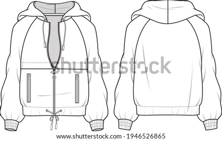 Unisex Zip Front, Hooded Sweatshirt. Technical fashion sweatshirt illustration. Flat apparel sweat template front and back, white color. Unisex CAD mock-up. Royalty-Free Stock Photo #1946526865