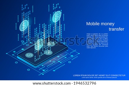 Mobile banking, money transfer, financial transaction flat 3d isometric vector concept illustration