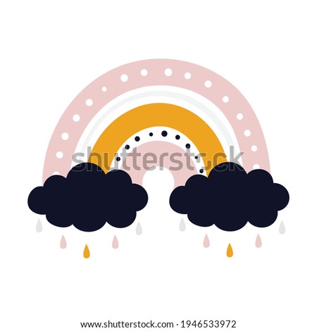 Abstract decorative rainbow with clouds and drops. Hand Drawn vector illustration for kids, nursery posters, cards, t-shirts. Childish, Scandinavian, cartoon style illustration. 
