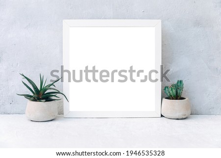 Minimal Mock up white frame with ceramic cactus plants in pots on a shelf or desk. White shelf and wall. 
