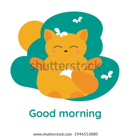 Happy fox wake up. Sky, sun and butterflies background. Cute print. Good morning card