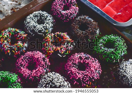 Colorful donuts display for sale at bazar Ramadan, Malaysia.