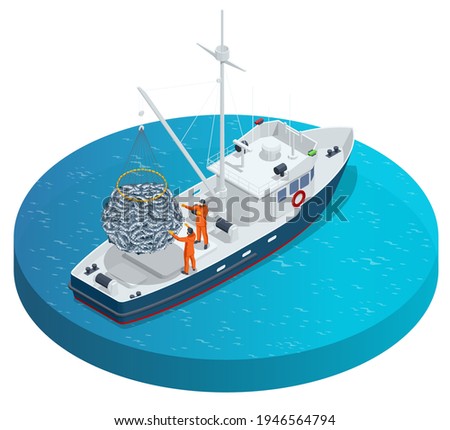Isometric shipping seafood industry boat isolated on white background. Sea fishing, ship marine industry, fish boat. Fishing boat, fishing vessel.