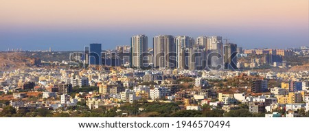 Panoramic view of Hyderabad financial district with colorful buildings in India Royalty-Free Stock Photo #1946570494