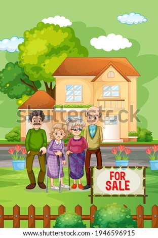 Outdoor scene with family standing in front of a house for sale illustration