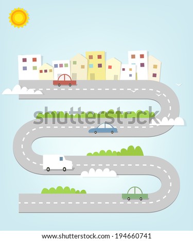 cartoon road map of the city with houses and cars