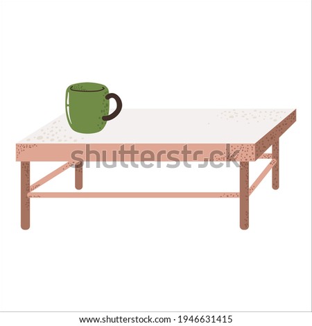 Cute low coffee table in Scandinavian style. Single cozy wooden desk with cup of coffee in cartoon flat design. Living room furniture isolated on white background.