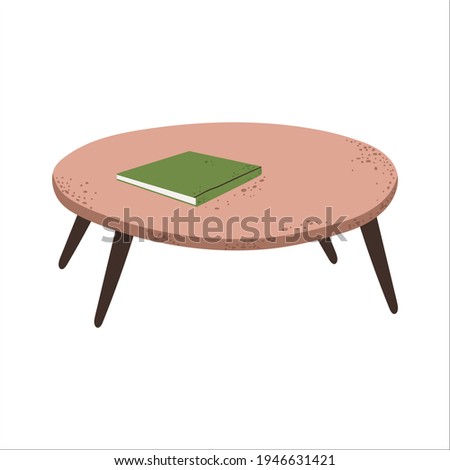 Cute low round coffee table in Scandinavian style. Single cozy wooden desk with book in cartoon flat design. Living room furniture isolated on white background.