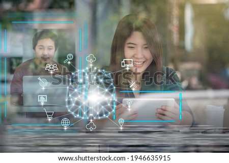 Polygonal brain shape of an artificial intelligence with various icon of smart city Internet of Things Technology over futuristic screen hologram between colleague, AI and business IOT concept