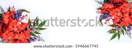 A bouquet of red gladioli and purple lupines on a white background. Festive flower arrangement. Background for a greeting card.