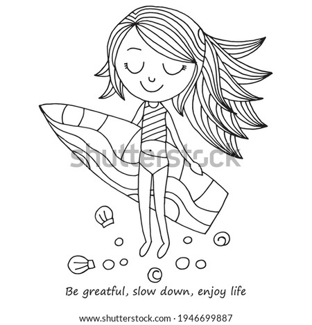 Cute girl with a surfboard. Vector illustration. Little girl with surfing board. Seashells and stones around her.