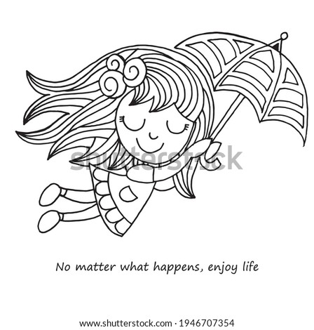 Little cute girl flying on an umbrella. Vector illustration.