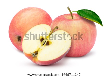 Closeup two fresh red fuji apple with green leaf and cut in half slice isolated on white background. 