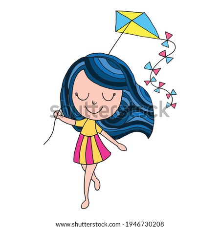 Cheerful cute girl is flying a kite with happy face. Vector illustration. Girl is playing kite.