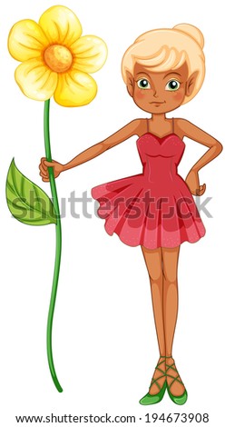 Illustration of a fairy holding a big flower on a white background