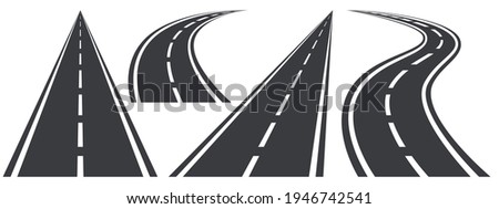 Different curved and straight roads in perspective set. City highways. One asphalt roadway
