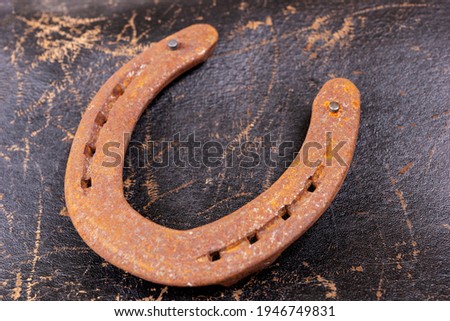 Rusty horseshoe on an old leather saddle. Good luck symbol. Top view