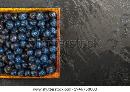 Fresh and raw blueberries with raindrops. On black textured background (chalkboard). With copy space.