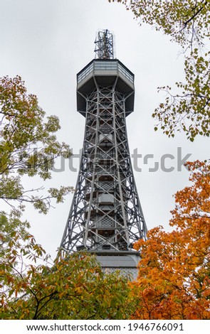 A picture of the Petrin Tower as seen through nearby trees.