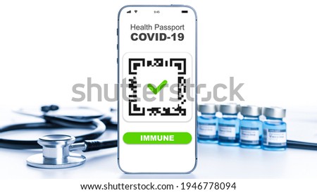 Vaccination passport. Coronavirus vaccination certificate or immunity passport on smartphone screen with doctor stethoscope, healthcare charts, syringe and medical equipment on hospital background