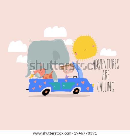 Cute Elephant and little girl traveling in car