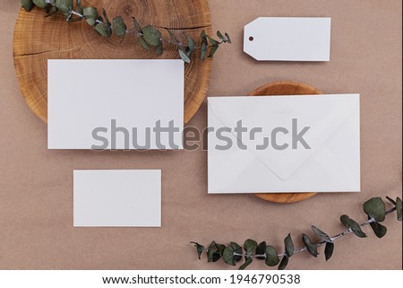 Template for branding identity. Natural materials and blank paper cards, top view. For graphic designer, presentations and portfolios.