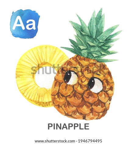 Watercolor English alphabet made of cute fruits and vegetables. Watercolor illustration of food. Vegetarian alphabet. Back to school. Pinapple