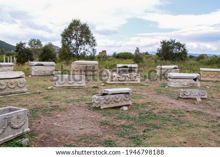 Sarcophaguses in Ephesus ancient city. There are snake,sheep and cow figures on one of them-Efes