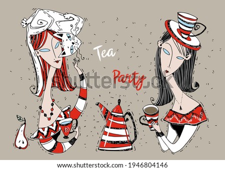 Tea party. Girls friends drink tea. Art Nouveau style. Modigliani art. Vector.