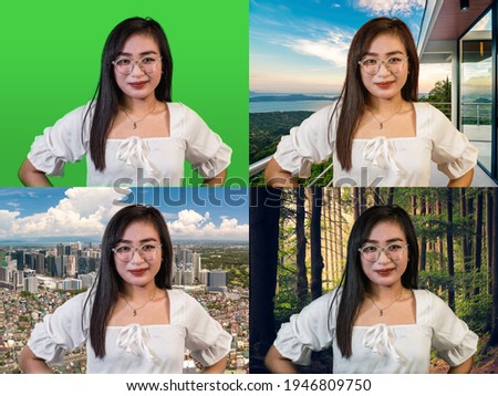 A young asian vlogger with a greenscreen background on the upper right and various replacement virtual backgrounds with color grading on the rest.