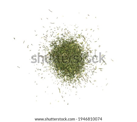 Dry dill pile isolated. Dried fennel, crushed seasoning heap, dill weed powder, green ground dehydrated dillweed on white background top view