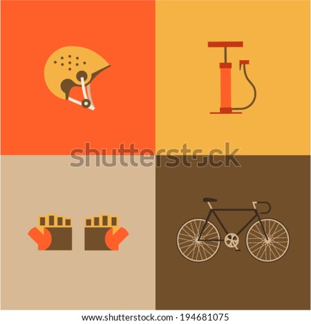 Vector illustration icon set of bicycle: helmet, pump, gloves, bike