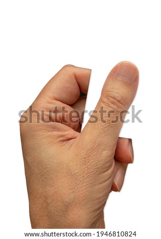 Male or male hand holding a virtual card or money with fingers isolated on white background including clipping path