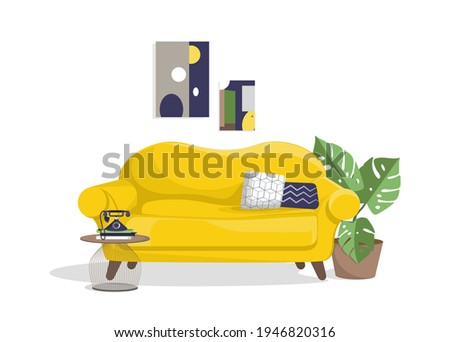 A sofa with legs in the living room with a decorative home flower and a coffee table. An interior item. Design element, layout, illustration, print.