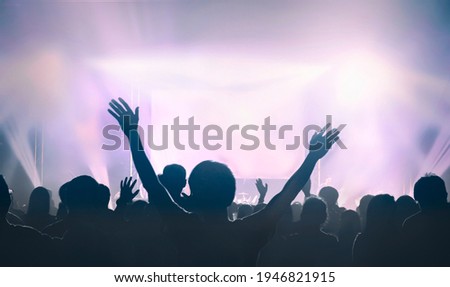 Christian worship God together in Church hall in front of music stage