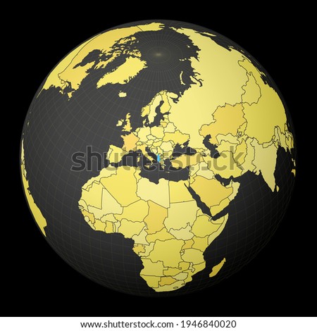 Albania on dark globe with yellow world map. Country highlighted with blue color. Satellite world projection centered to Albania. Artistic vector illustration.