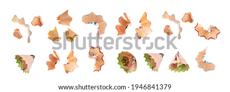 Color wood pencil with sharpening shavings isolated on a white background. Vintage wooden pencils with shaving garbage, waste or cutting peel Royalty-Free Stock Photo #1946841379