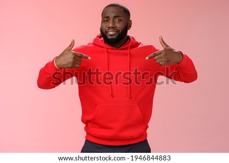 Proud cheeky confident young bearded african american man pointing himself bragging charish praise himself standing spotlight liking be center attention, smirking gladly, pink background Royalty-Free Stock Photo #1946844883