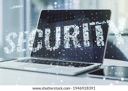 Cyber security creative concept on modern laptop background. Double exposure