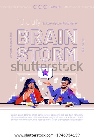 Brainstorm poster, flyer of team meeting in company office for exchange ideas and minds, find business solutions. Vector banner of brainstorming with flat illustration of people communication